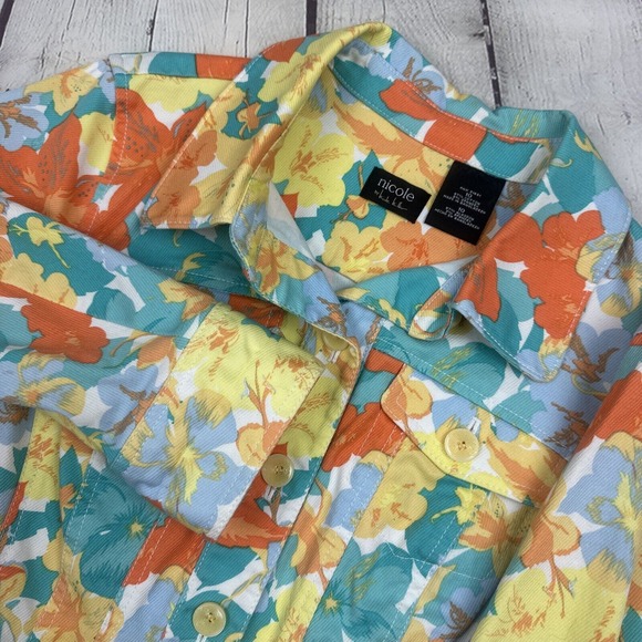 Nicole Miller Floral Button Up‎ Jacket Womens 10 Multi Cotton Denim Long Sleeve - Picture 1 of 9
